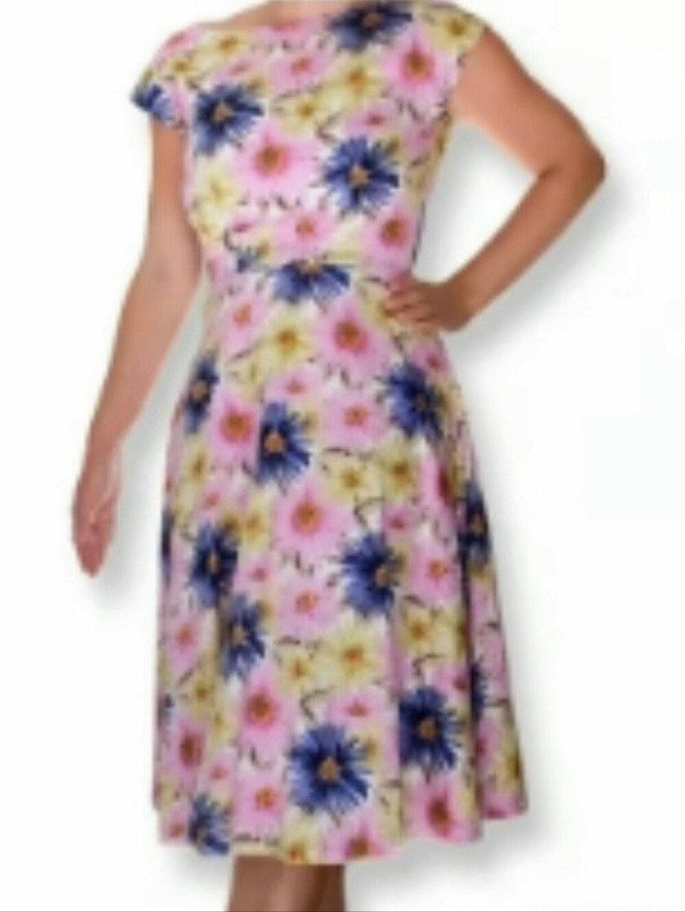 Tatyana Daisy Dress Pink Floral Midi Dress with Blue and Yellow Blooms Size S